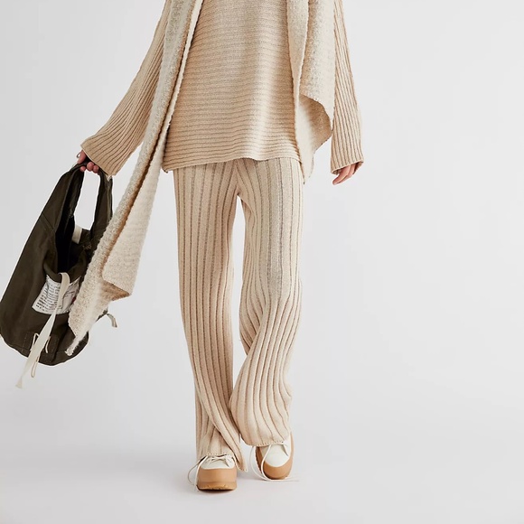 Free People Beach FP Ribbed Knit Pants Imogene Cream High Rise Wide Leg - Picture 2 of 10